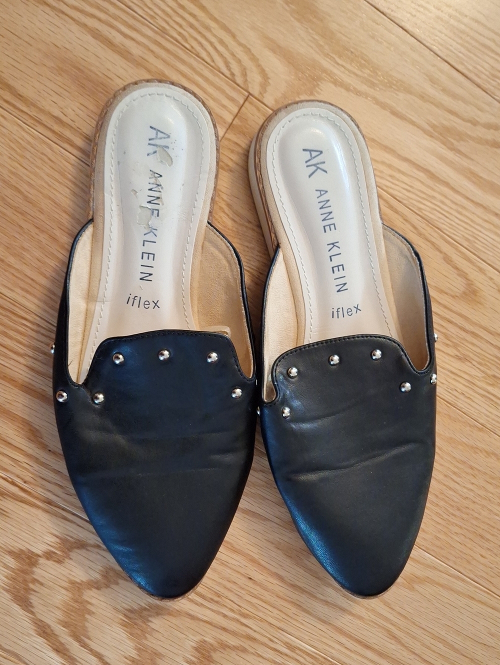 Anne Klein Black Pointed Slip-On Mules with Silver Studs